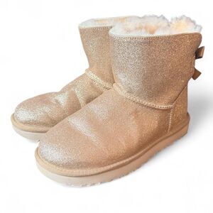 UGG Classic Mini Bailey Bow II Glitter Gold Boots Shearling Women’s Size 7